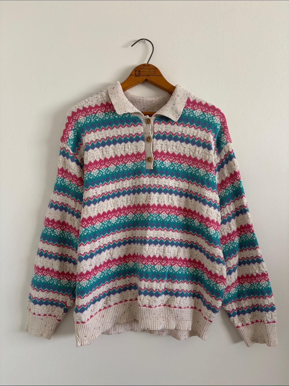Vintage Northern Reflections Cream Fair Isle Collared Sweater with Teal & Pink